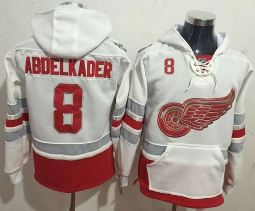 Red Wings #8 Justin Abdelkader White Name & Number Pullover NHL Hoodie - Click Image to Close